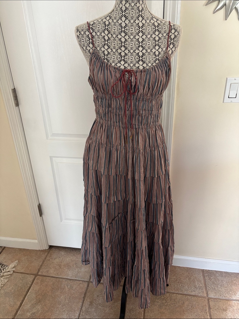 Free People Going Steady Rust Blue Striped Tiered Midi Dress-M - Picture 3 of 10
